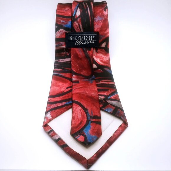Vintage Ketch Classic Men's Tie Abstract Print Red Black Blue Polyester 57"Long - Picture 6 of 12